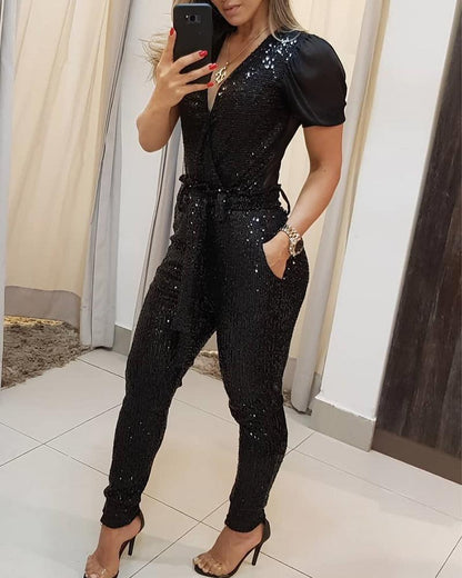 Women's Deep V Sequined Jumpsuit – Full Length Glam Black