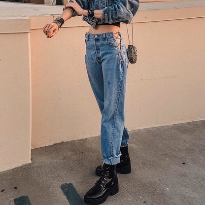 Women's High-Waist Washed Jeans – Light Blue Streetwear Denim with Chain Detail S-L