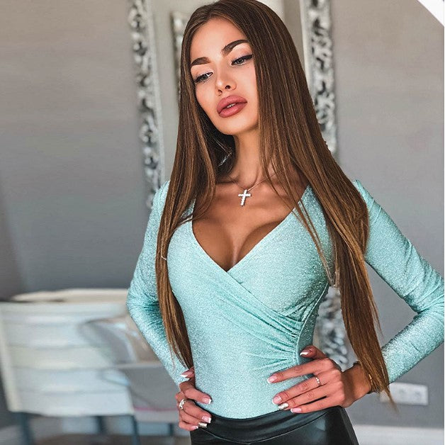 Women's Metallic V-Neck Long Sleeve Jumpsuit – Pleated High Waist Hot Pants