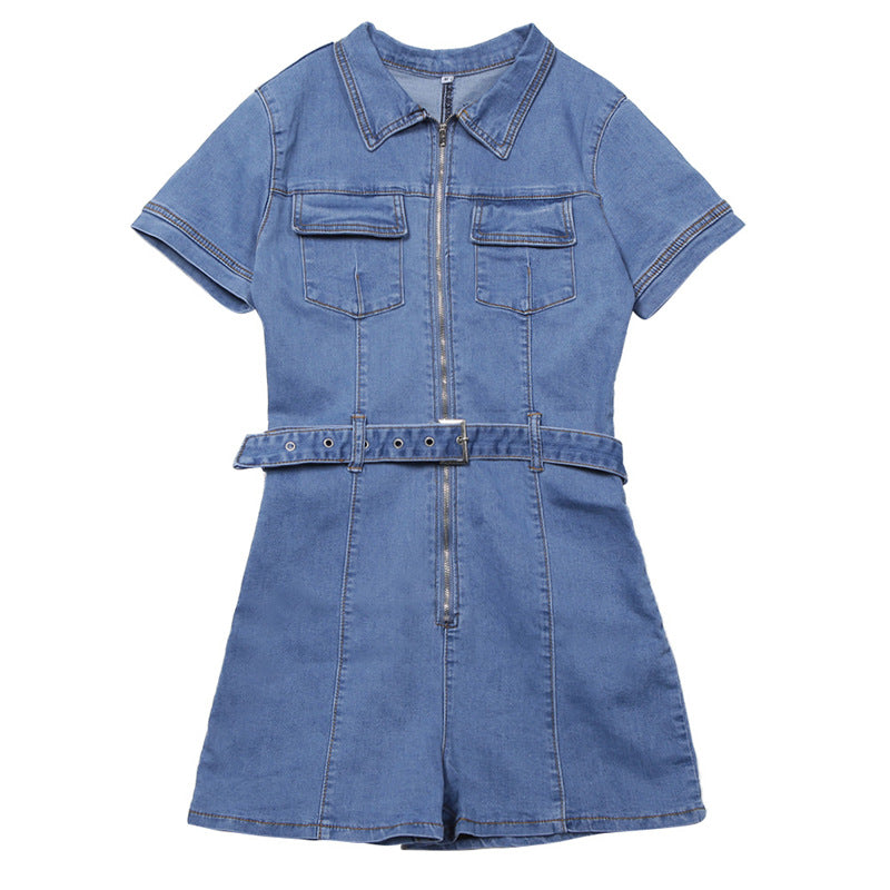 Women's Deep V Zipper Denim Shorts Jumpsuit – High Waist Belt & Pockets