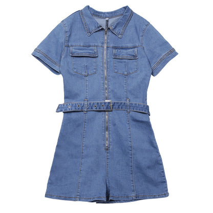 Women's Deep V Zipper Denim Shorts Jumpsuit – High Waist Belt & Pockets