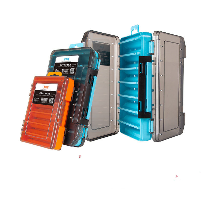 Double-Layer Fishing Lure & Bait Storage Box – ABS Tackle Box with Drain Hole (S & L, Blue & Orange)