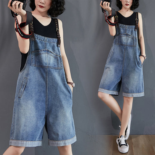 Women's High-Waist Wide-Leg Distressed Denim Overall Shorts – Blue S–2XL