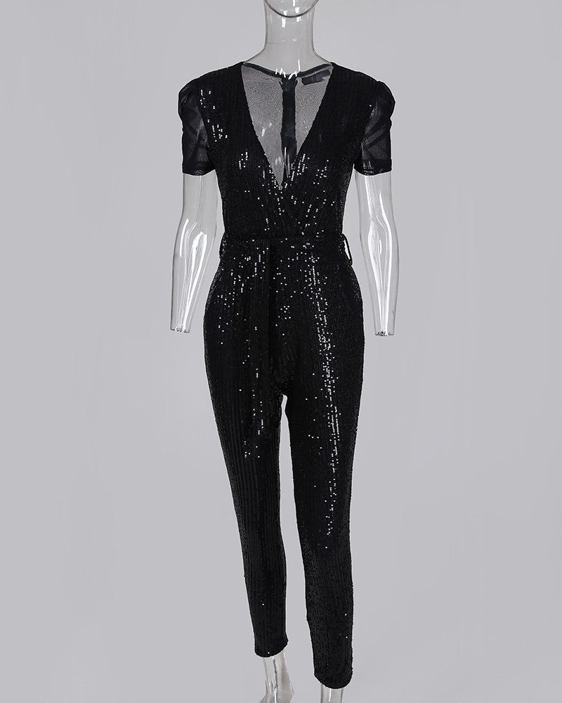 Women's Deep V Sequined Jumpsuit – Full Length Glam Black