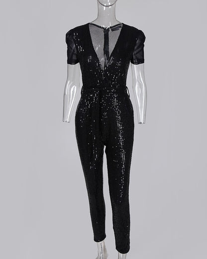 Women's Deep V Sequined Jumpsuit – Full Length Glam Black