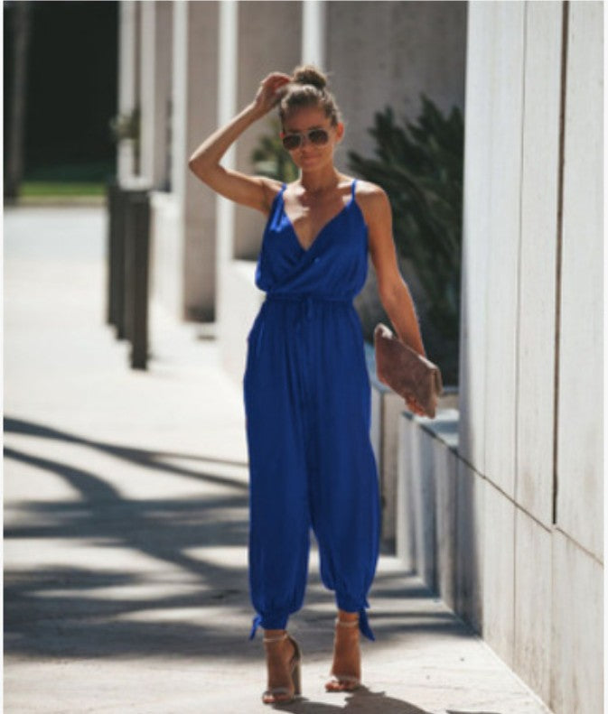 Women's Printed Backless V-Neck Sling Jumpsuit with Pockets – Street Style S–3XL