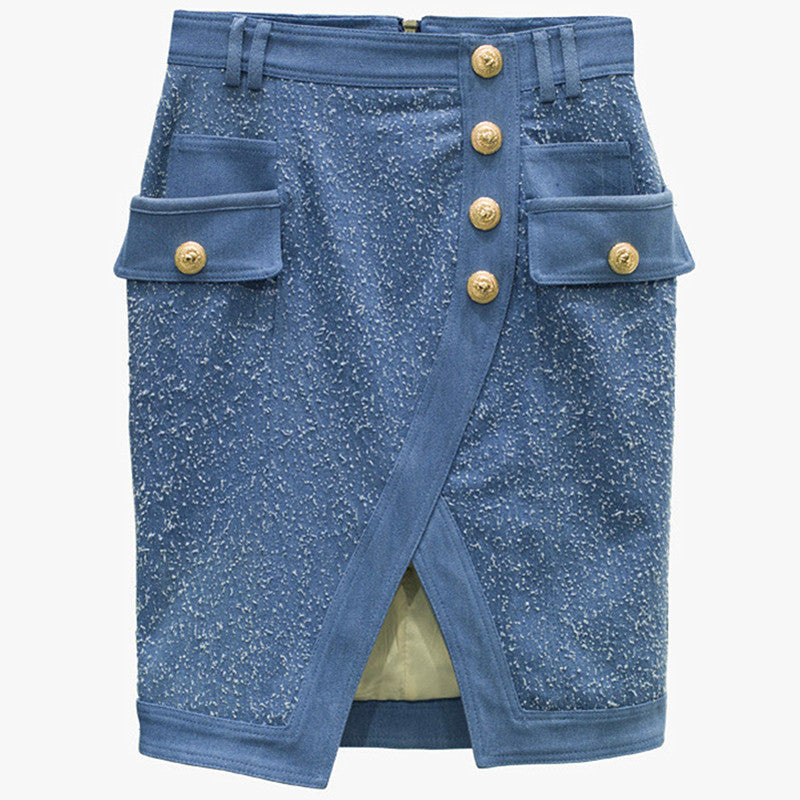 Women's Frosted Wash Metal Buckle Irregular Split Denim Skirt