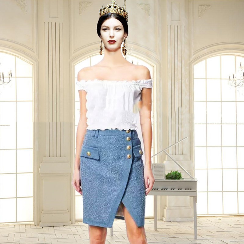 Women's Frosted Wash Metal Buckle Irregular Split Denim Skirt