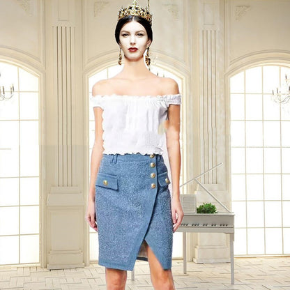 Women's Frosted Wash Metal Buckle Irregular Split Denim Skirt