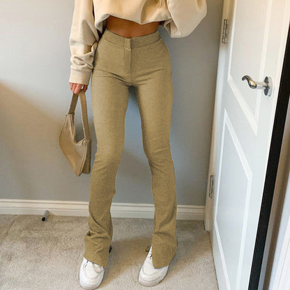 Women's High-Waist Skinny Straight Casual Pants with Split