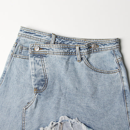 Women's Midi Frayed Hem Irregular Split Denim Skirt