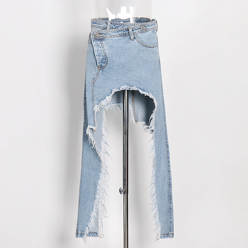 Women's Midi Frayed Hem Irregular Split Denim Skirt