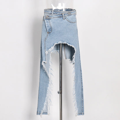 Women's Midi Frayed Hem Irregular Split Denim Skirt