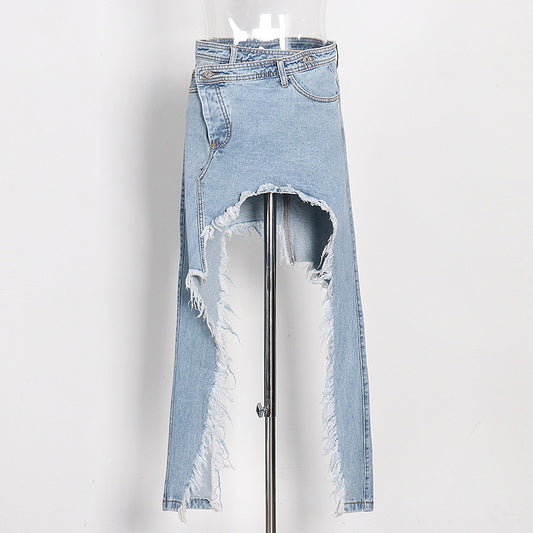 Women's Midi Frayed Hem Irregular Split Denim Skirt