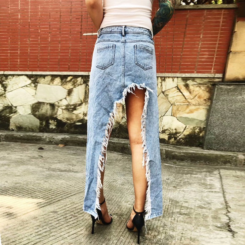 Women's Midi Frayed Hem Irregular Split Denim Skirt