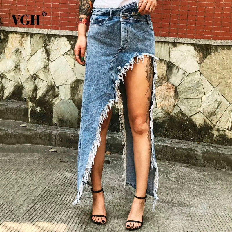Women's Midi Frayed Hem Irregular Split Denim Skirt