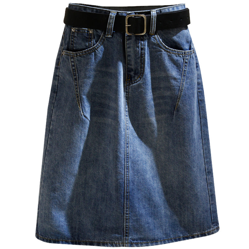 Women's High-Waist A-Line Split Denim Midi Skirt