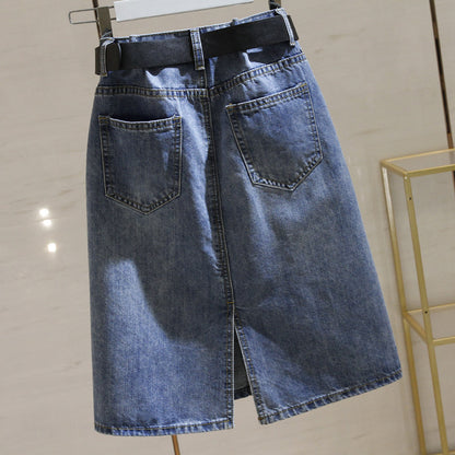 Women's High-Waist A-Line Split Denim Midi Skirt