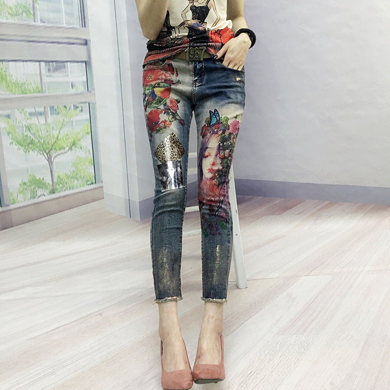Women's High-Stretch Printed Cropped Skinny Jeans