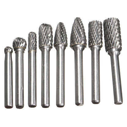 8-Piece Tungsten Carbide Rotary File Set – Double-Groove Double-Grain Grinding Heads (6mm Shank)