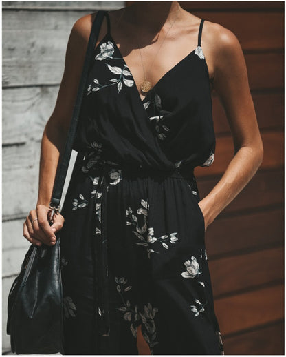 Women's Printed Backless V-Neck Sling Jumpsuit with Pockets – Street Style S–3XL