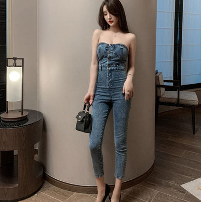Women's High-Waist Slim-Fit Denim One-Piece Jumpsuit – Off-Shoulder Back Black & Blue S–L