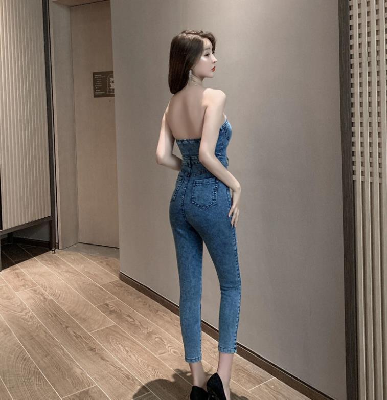 Women's High-Waist Slim-Fit Denim One-Piece Jumpsuit – Off-Shoulder Back Black & Blue S–L