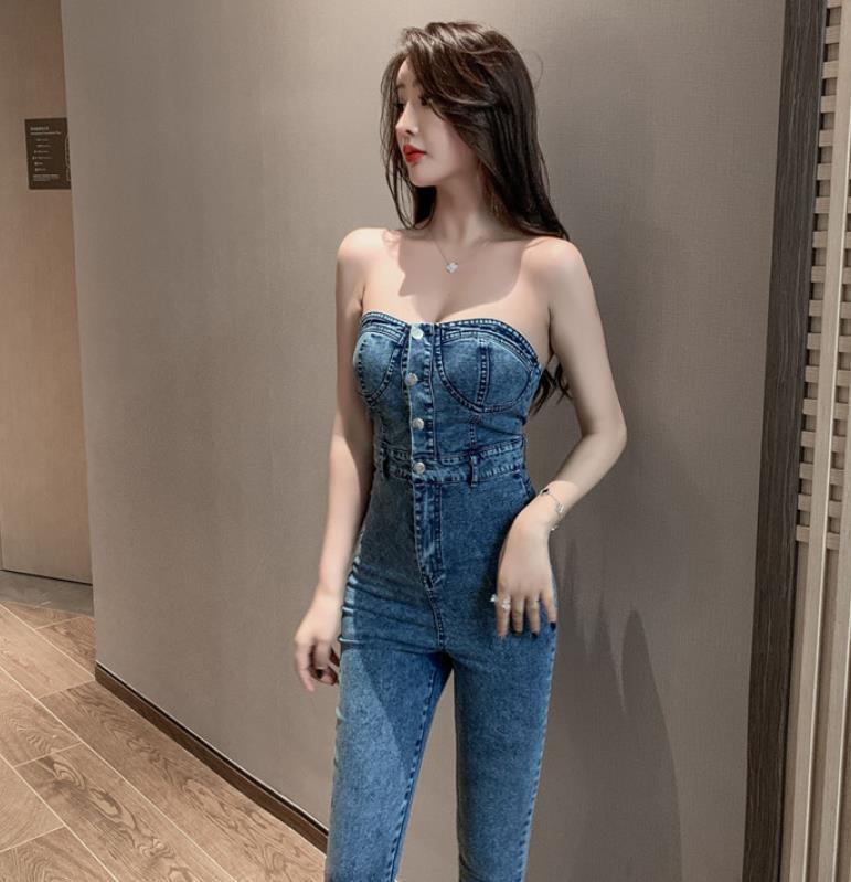 Women's High-Waist Slim-Fit Denim One-Piece Jumpsuit – Off-Shoulder Back Black & Blue S–L