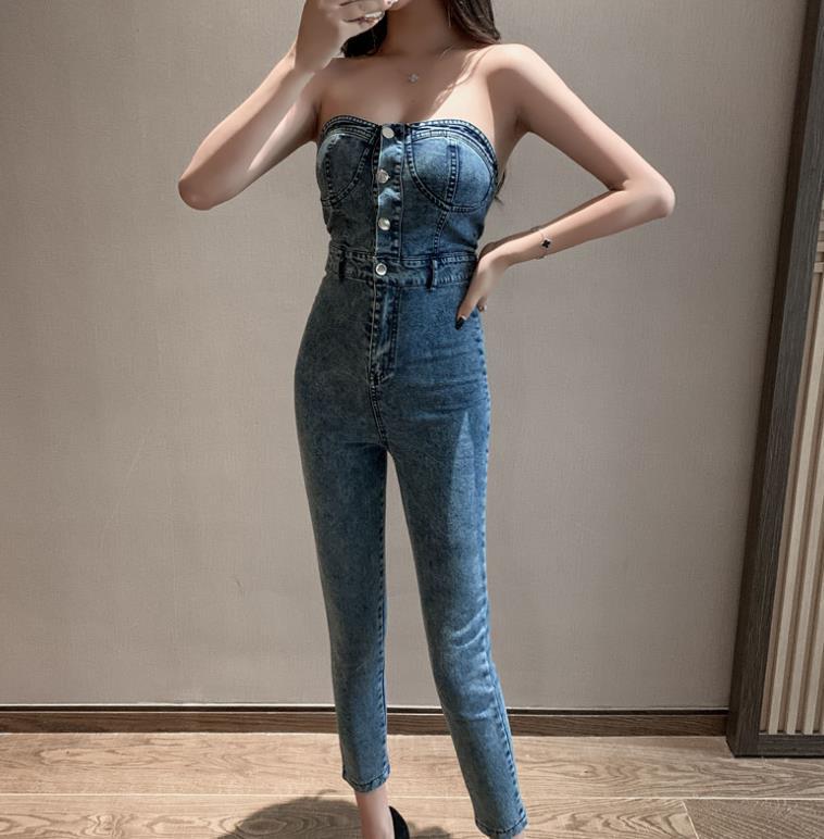 Women's High-Waist Slim-Fit Denim One-Piece Jumpsuit – Off-Shoulder Back Black & Blue S–L