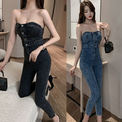 Women's High-Waist Slim-Fit Denim One-Piece Jumpsuit – Off-Shoulder Back Black & Blue S–L