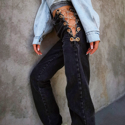 Women's High-Rise Chain Detail Straight-Leg Jeans