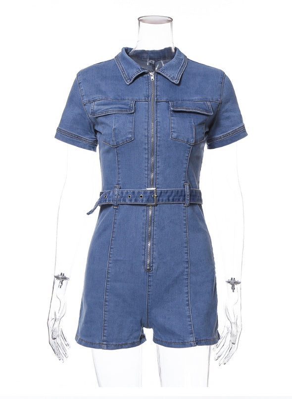 Women's Deep V Zipper Denim Shorts Jumpsuit – High Waist Belt & Pockets