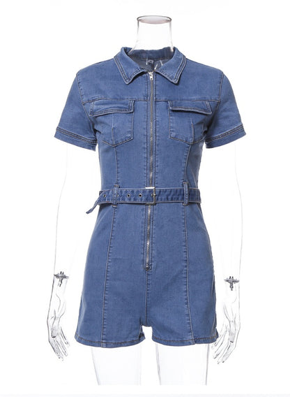 Women's Deep V Zipper Denim Shorts Jumpsuit – High Waist Belt & Pockets