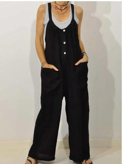 Women's Cotton Romper with Pockets – Elastic Waist Button Detail S–5XL