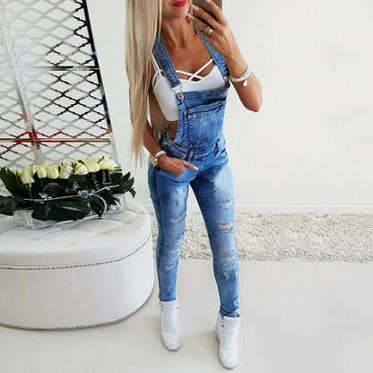 Women's Distressed Denim Overalls – Mid-Waist Slim Fit Full Length