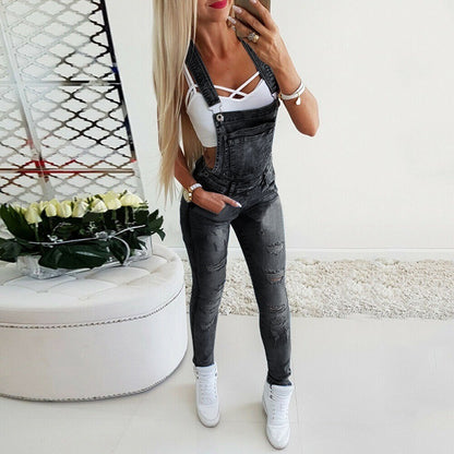 Women's Distressed Denim Overalls – Mid-Waist Slim Fit Full Length