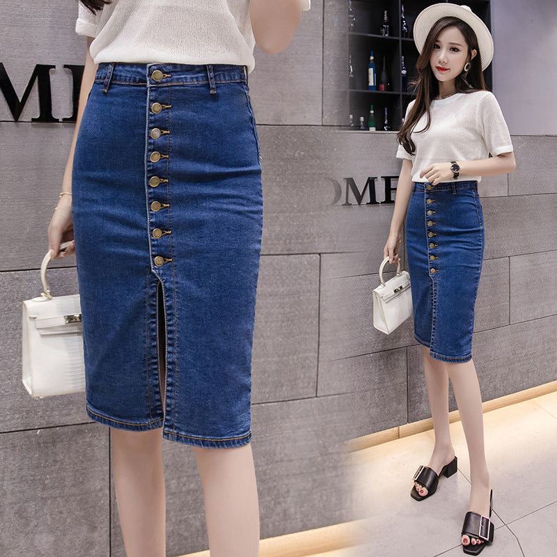 Women's Button-Front Mid-Length Denim Skirt – Mulberry Silk Blend Sweet Style S–2XL