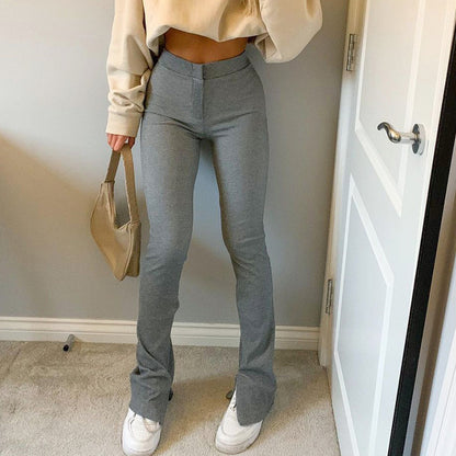 Women's High-Waist Skinny Straight Casual Pants with Split