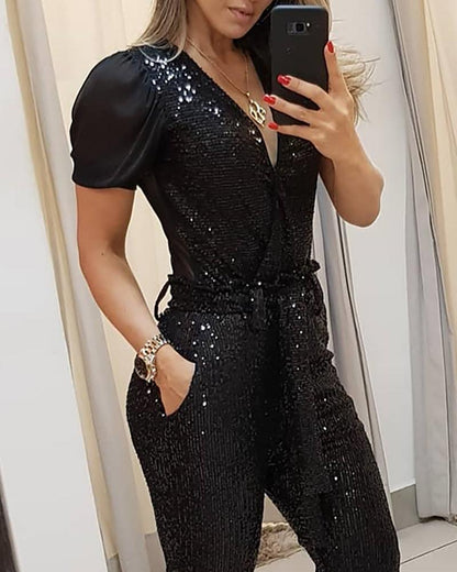 Women's Deep V Sequined Jumpsuit – Full Length Glam Black
