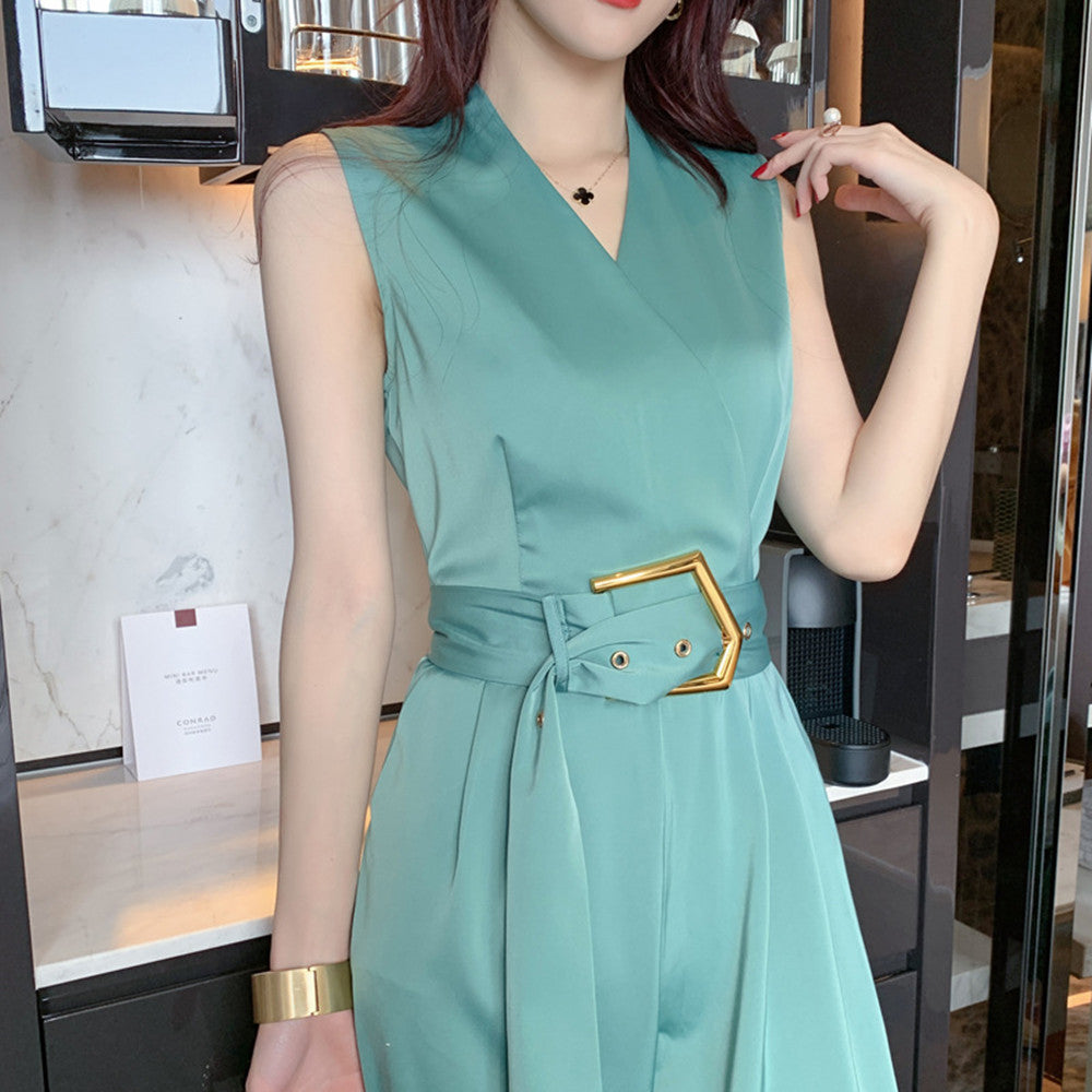 Women's V-Neck High Waist Satin Wide Leg Jumpsuit – Slim Fit Green S–XL