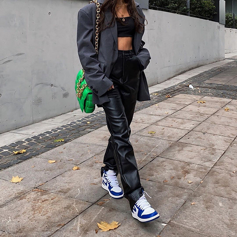 Women's PU Leather Moto Street Style Straight Trousers