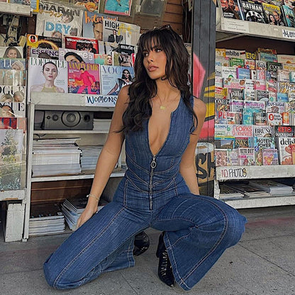 Women's High-Waist Slim Fit Retro Denim Jumpsuit – Classic Blue