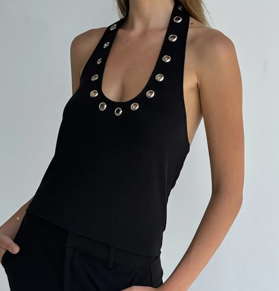 Women's Metal Accent Halter Spaghetti Strap Vest – Slim Fit Street Style