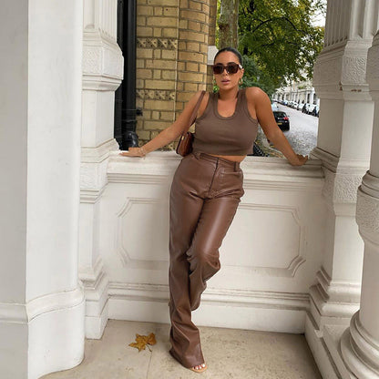 Women's PU Leather Moto Street Style Straight Trousers