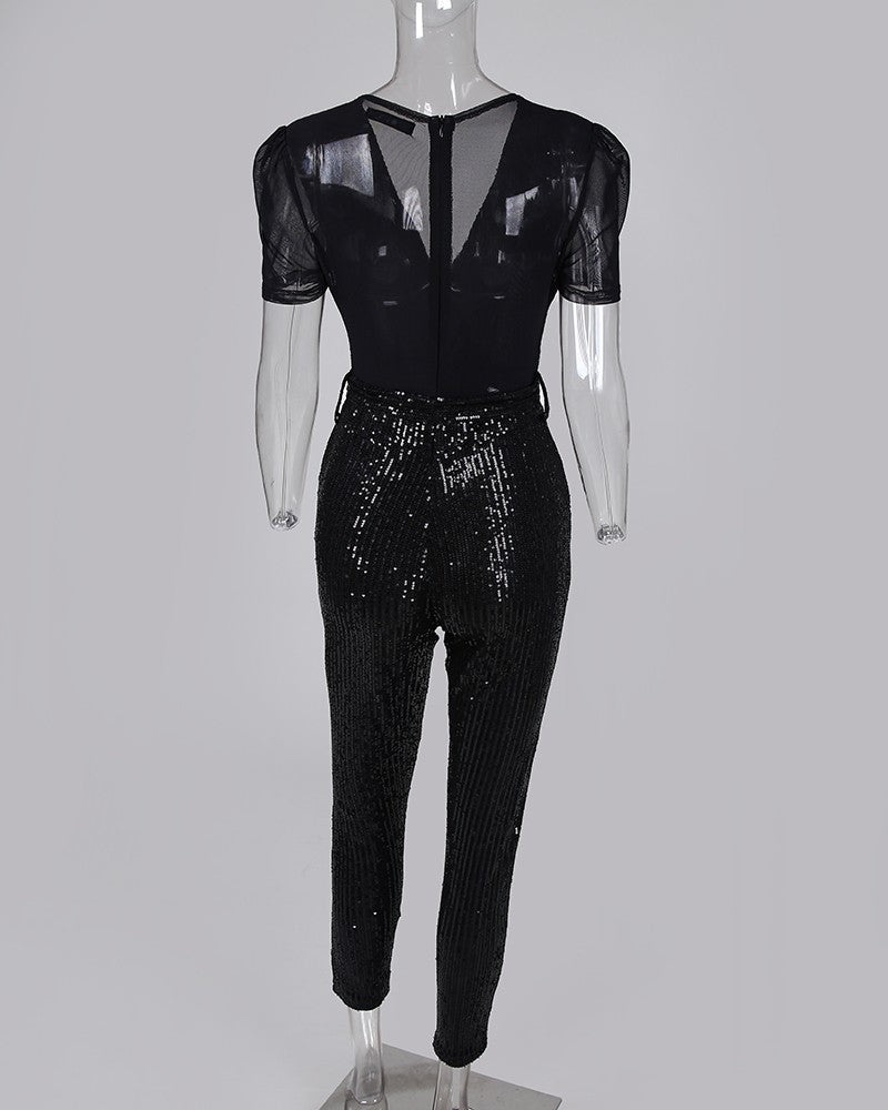 Women's Deep V Sequined Jumpsuit – Full Length Glam Black