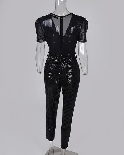 Women's Deep V Sequined Jumpsuit – Full Length Glam Black