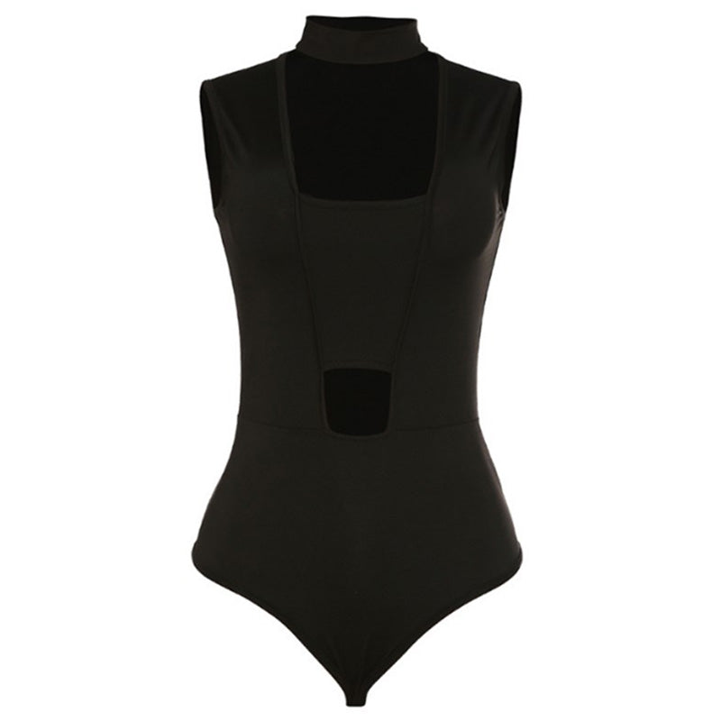 Women's Hollow-Out Sleeveless Round Neck Triangle Romper – Solid Black S–L