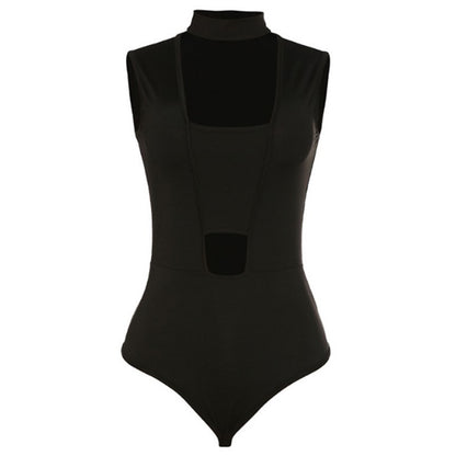 Women's Hollow-Out Sleeveless Round Neck Triangle Romper – Solid Black S–L