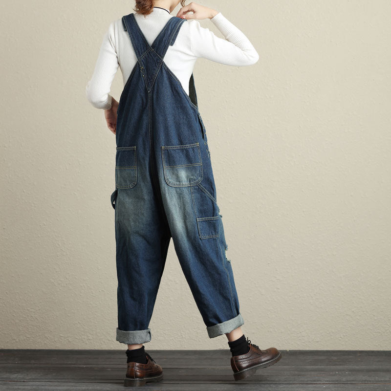 Women's Vintage Loose Denim Suspender Jumpsuit – Ripped Cotton One Size Light & Dark Blue