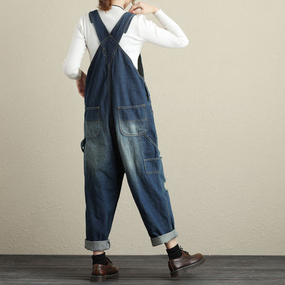 Women's Vintage Loose Denim Suspender Jumpsuit – Ripped Cotton One Size Light & Dark Blue